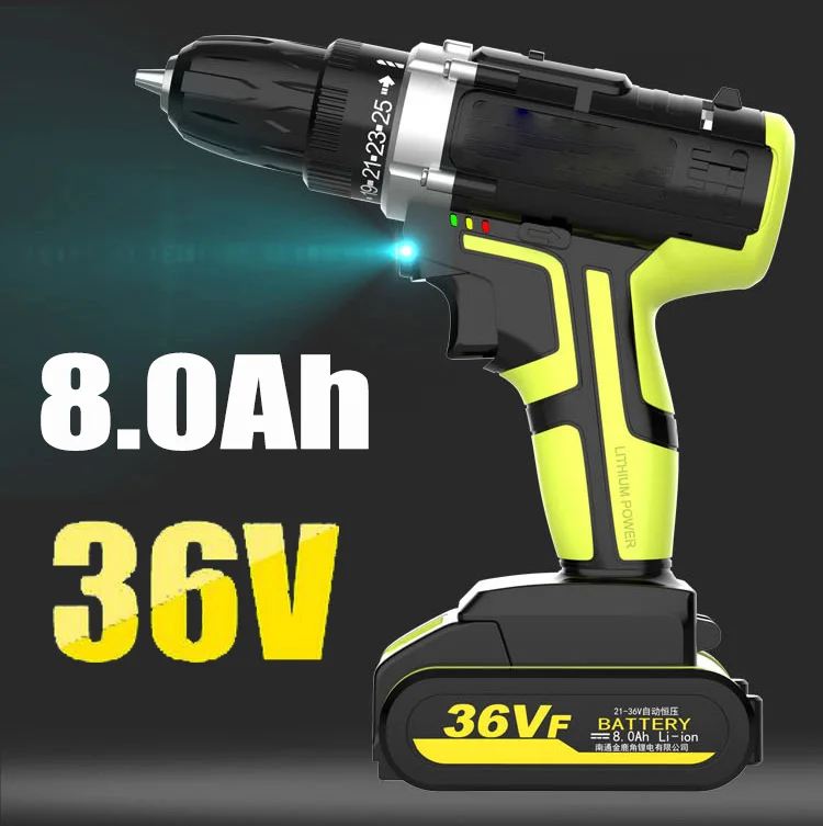 

36V Electric Impact Cordless Drill 8000mAh Li-ion Battery 50Nm Wireless Rechargeable LED Light Home DIY Electric Power Tool