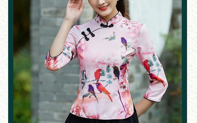 New Medium sleeve Printing cheongsam shirt antique fashion literary retro Tang Suit Tops women's clothing Daily Shirt