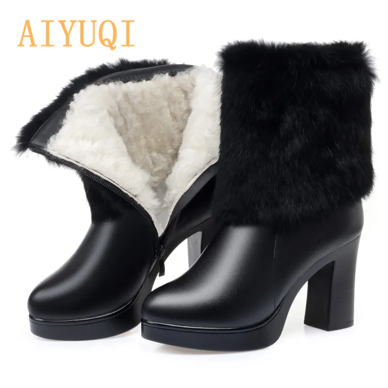 Black wool AIYUQI; женские ботильоны; Сезон Зима; натуральная кожа; мех кролика; модная новинка; пикантная теплая шерстяная обувь на высоком каблуке; женские ботинки - Цвет: Black wool