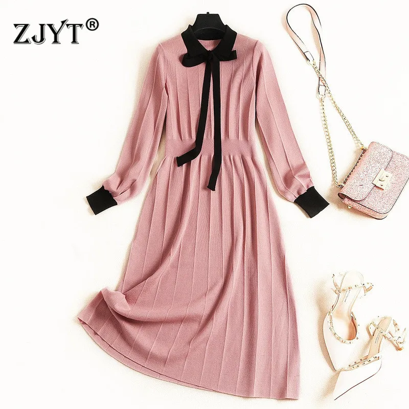 

New Fashion Designer Autumn Winter Dress for Women Long Sleeve Bow Collar Solid Aline Casual Knitting Sweater Dresses Female