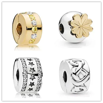

925 Sterling Silver Bead Charm Gold Color Shining Clover Stopper Clip Beads Fit Pandora Bracelet & Bangle Diy Jewelry