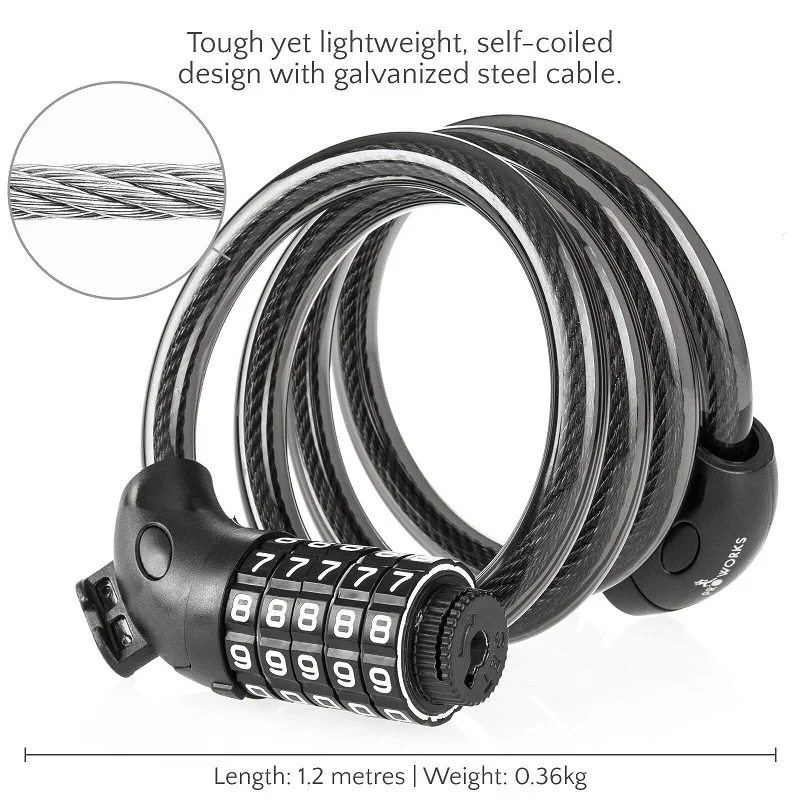 Замок велосипедный портативный со стальным тросом и спиралью 1200x12 мм|Замки| |