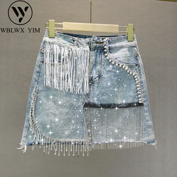 

High waist Denim Skirt Women Fashion Beading Rhinestone Tassel A-Line Mini Skirt Summer Loose Plus Size Jeans Skirts 2020 New