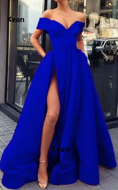 Вечернее платье с высоким разрезом открытыми плечами и карманами исламский