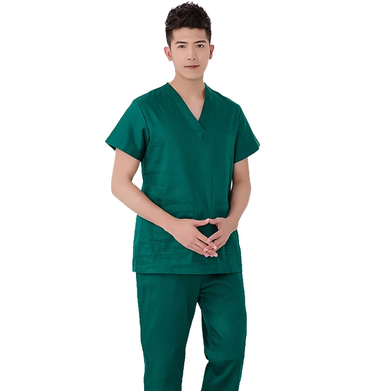 men TOP green Мужской и Женский скраб-топ из чистого хлопка, медицинская униформа медсестры, Классическая рубашка с v-образным вырезом и коротким рукавом(только топ - Цвет: men TOP green