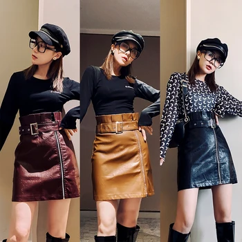 

Hot Sale Women Winter Snake Print Skirts Korean Fashion High Waist Slimming Ladies Leather Skirt Plus Size PU Package Hip