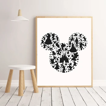 

Mickey Head Canvas Art Poster Prints Castle Princess Prince Silhouette Art Painting Cartoon Picture Kids Gift Nursery Wall Decor