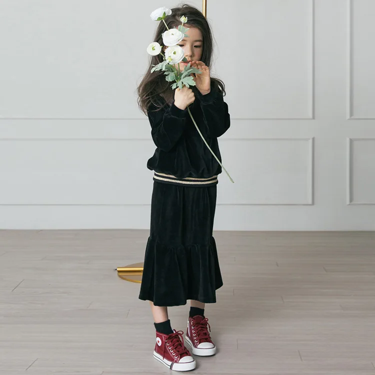 

4 to16 years kids teenager girls clothes set black velvet long sleeve blouse +ruffle flare skirts 2 pcs set casual warm clothes