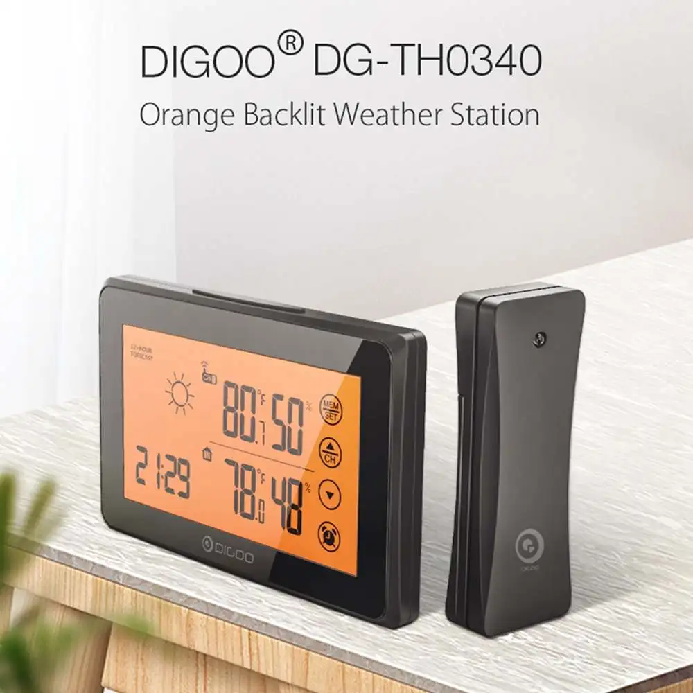 

DIGOO Smart Home Touching LCD Weather Station With Remote Sensor Alarm Clock 12/24h Wether Forecast Temperature Humidity Alarm