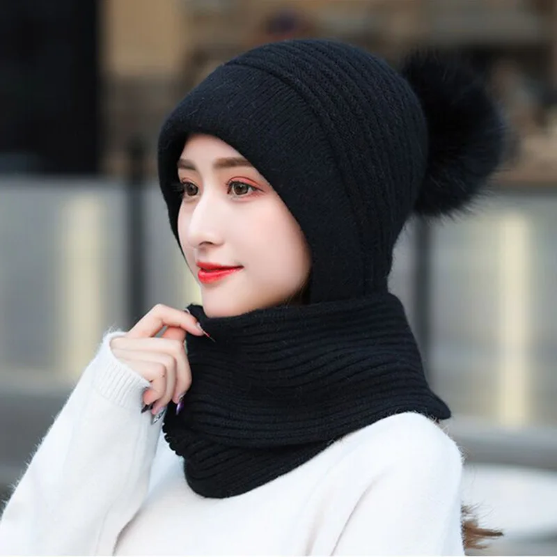 Зимняя женская вязаная шапка, шарф, комплект из 2 предметов, модная шерстяная утолщенная шапка, воротники, женская теплая шапка, шарф, набор, зимние шапки - Цвет: Black