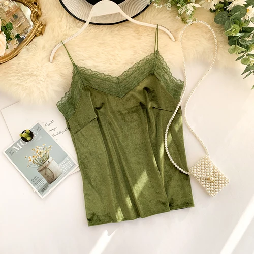 army Новые женские кружевные лоскутные велюровые Лифчики бархатные Cami высокое качество женские сексуальные топы на бретельках Домашняя одежда жилет одежда для сна - Цвет: army