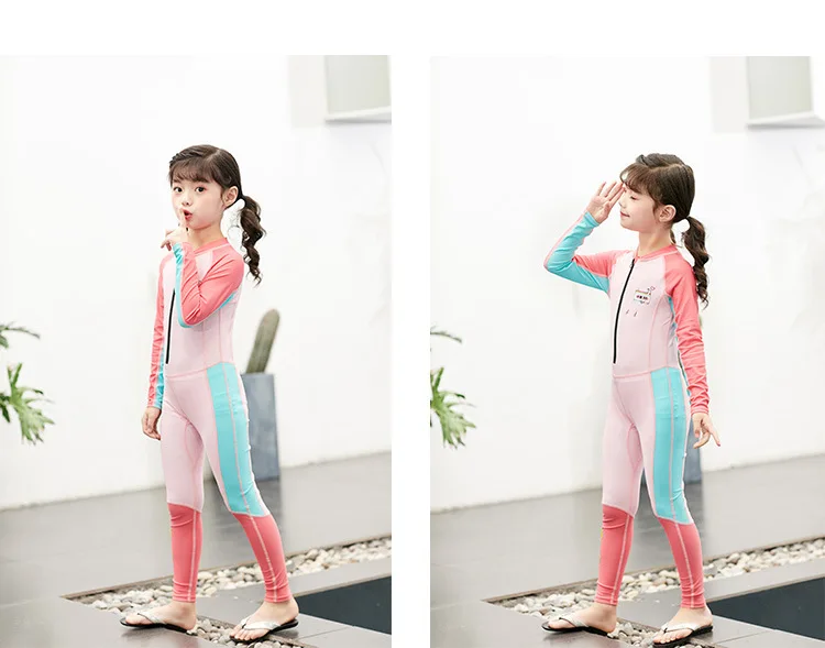 Children Wetsuit Girl Patchwork Long Sleeve Sunshade UV Protection One Piece Swimsuit Diving Suit Bathing Suit Kids Swimwear