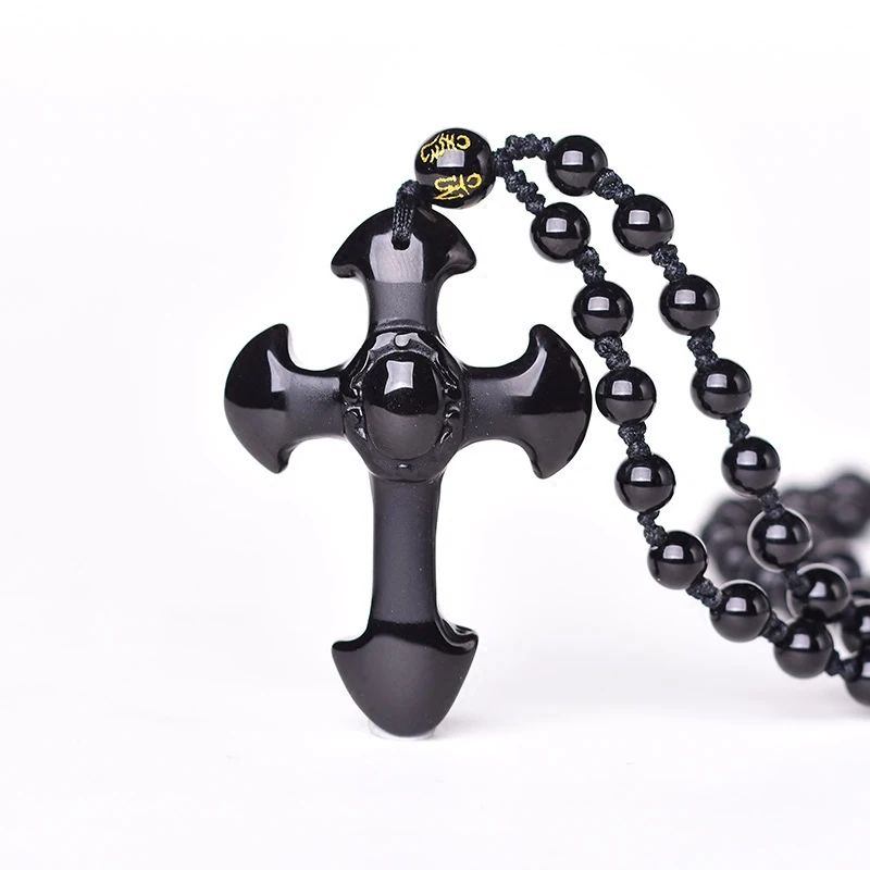 Натуральный черный обсидиановый крест ожерелье кулон крест Иисуса нефрита кулон счастливые Подвески с цепочкой нефритовые ювелирные изделия