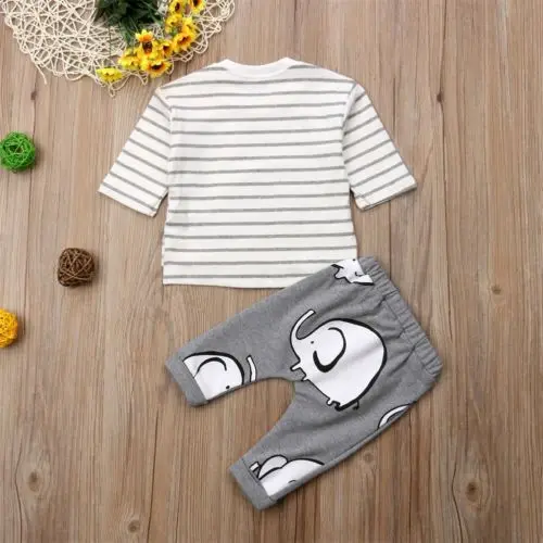 New Autumn Infant Baby Girl Boys Elephant T-shirt Tops+ Pocket Long Pants 2PCS Outfits Clothes Set