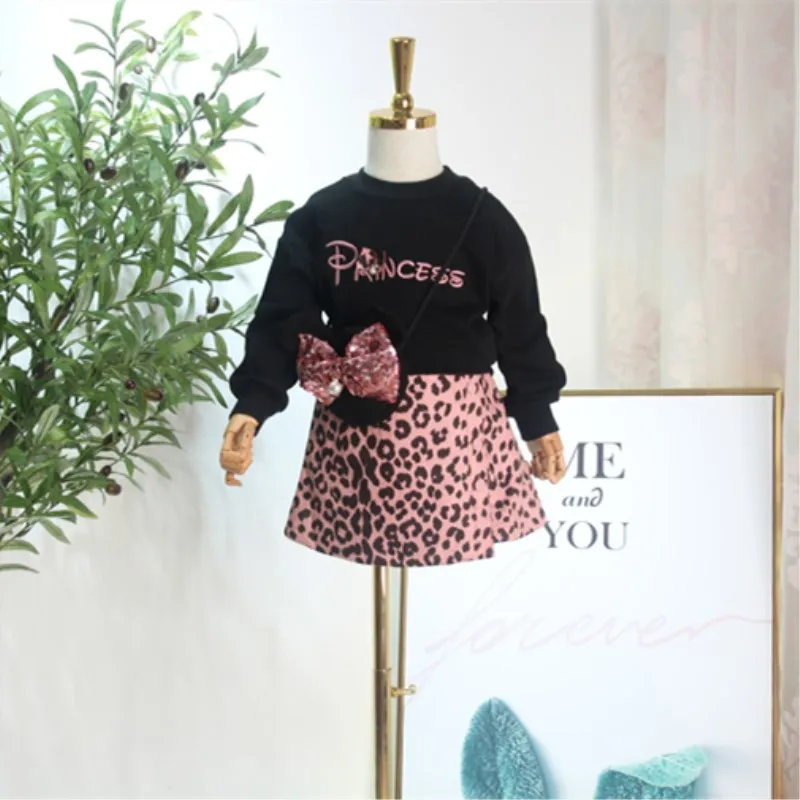 3PCS/Set New Autumn&Spring Leopard Clothing Set For Baby Girl Kids Black Top+Leopard Skirt+Bag Leopard Clothing Set