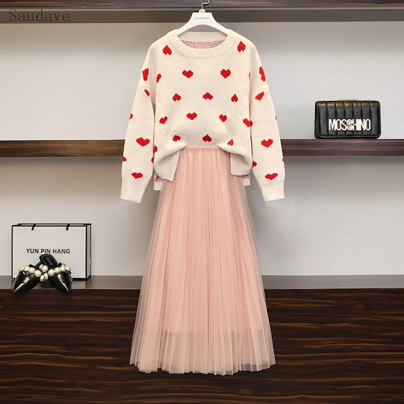 

New Fashion Autumn Women Two Piece Sets Print Knitted Sweater And Pink Skirt Korean Sweet Lady Skirt Suit Plus Size M-4XL