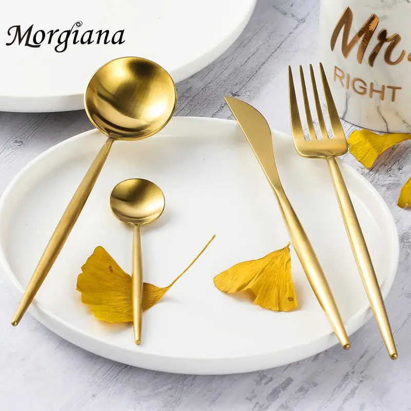Morgiana Gold Steak Fruit Cutlery Set Wedding Tableware Stainless Steel Dinner Dining Dinnerware Set Fork Spoon Knife