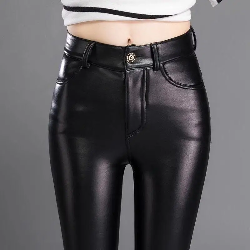 

Leather Pants Women's Fleece-Lined Thick High Waist Stretch Autumn and Winter Large Size Slimming Skinny Pants Lady Leggings