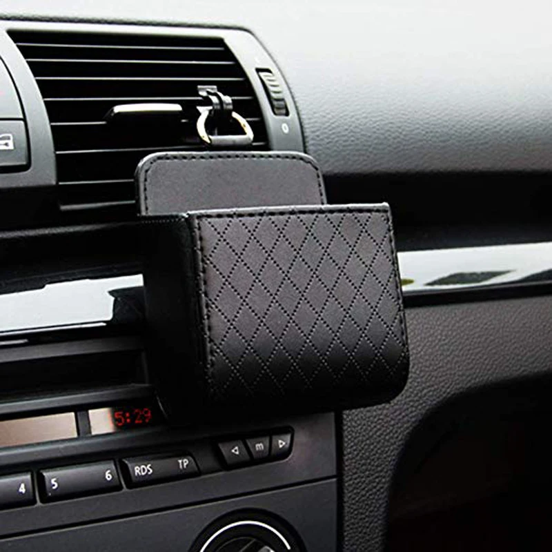Universal Car Air Vent Organizer Box Storage Bag with Hook Auto Mount Outlet Hanging Leather Container Pocket Coin Phone Holder
