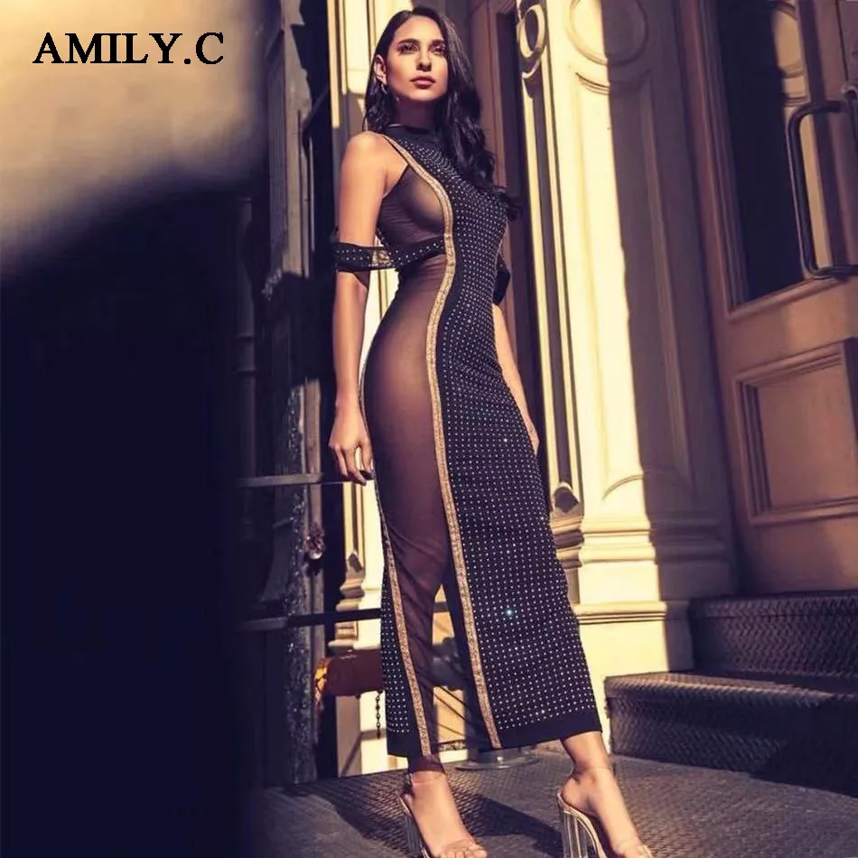 Amily. C2019 осеннее Новое Женское платье, Клубные вечерние платья знаменитостей, сексуальное облегающее платье с круглым вырезом, без рукавов, расшитое бисером, Сетчатое платье с разрезом и длинное платье