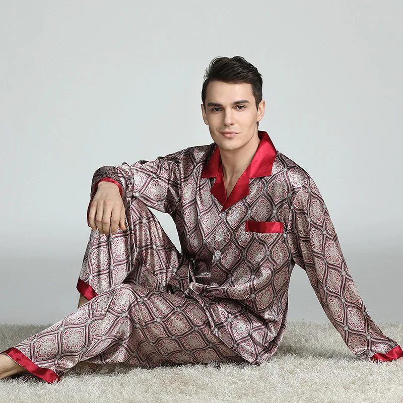 mens pjs set Casual Sleepwear Men Pajamas Set 2PCS Shirt&Pants Satin Faux Silk Nightwear Print Pijamas Soft PJS Set Intimate Lingerie mens short pjs Pajama Sets