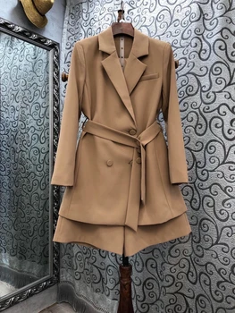 

2020 New Style for Autumn and Winter Women's Lapel Lacing Tie Waist Hugging Long-Sleeve Blazer + Shorts 910