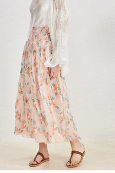 

Women Skirt 2019 Light Silk Pink Orange Floral Elastic High Waist Skirt
