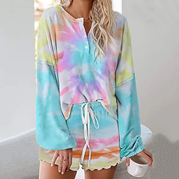 

Pajamas Sets For Women Home Service Two-piece Suit European And American Casual Pajamas Long-sleeved Shorts Tie-dye Pajamas Suit