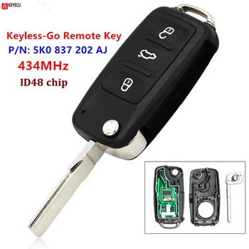 

3 Button Flip Remote Key fob 434MHZ ID48 Chip 5K0837202AJ 5K0 837 202 AJ for VW Tiguan Sharan Golf 6 EOS Up Camper Scirocco