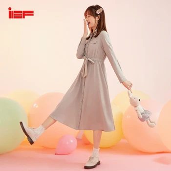 

IEF Women Spring Summer Solid Shirt Dress Female Turndown Collar High Waist Mid-Calf Dress 0S30A-D9862-