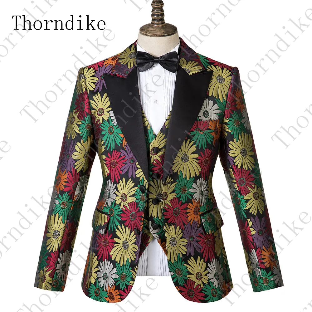 Thorndike 3 шт. принт Подсолнечника Костюм Homme Prom повседневные мужские костюмы Цветочная куртка жилет с брюками в черном цвете Terno Masculino