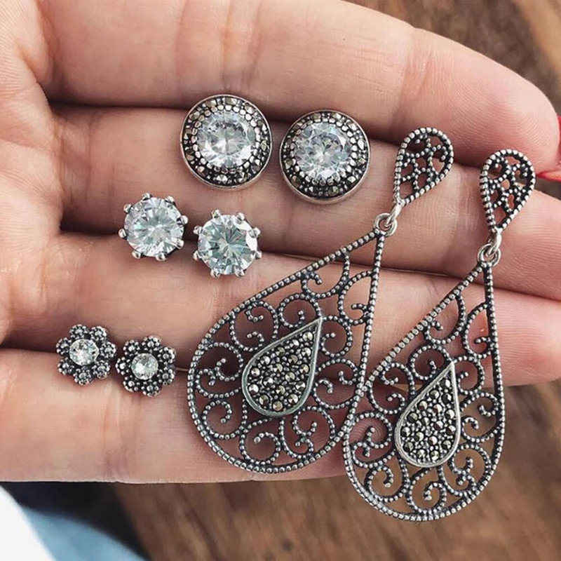 4 Pair/set Retro Personality Hollow Drop Gems Geometric Crystal Earrings Set Bohemian Style Women Party Jewelry New2019 |