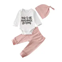 Одежда для новорожденных и маленьких девочек, топы с длинными рукавами и надписью, комбинезон, однотонные штаны, леггинсы, комплект одежды с шапочкой, теплый осенний комплект из 3 предметов для детей 0-12 месяцев