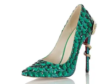 

Autumn hand-set green Rhinestones European American style leather high heels shoes Top quality pointed toe bride wedding pumps