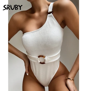 

SRUBY White one shoulder Bodysuit Sexy Backless with belt Bodysuit Romper femme sexy Sleeveless Tank Top beach wear Female 2020