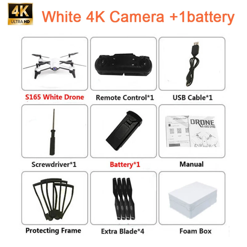 white 4K battery 1 4K Drone S165 оптическое позиционирование потока двойная камера интеллектуальное следование RC вертолет HD Антенна Квадрокоптер с камерой 1080p Дрон 4k - Цвет: white 4K battery 1