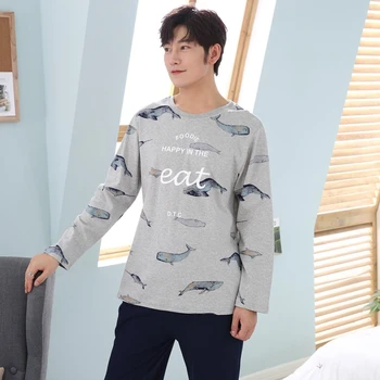 

High Quality Cotton Pajama Set for Men 2018 Autumn Winter Long Sleeve Cartoon Print Pyjama Male Loungewear Homewear Home Clothes