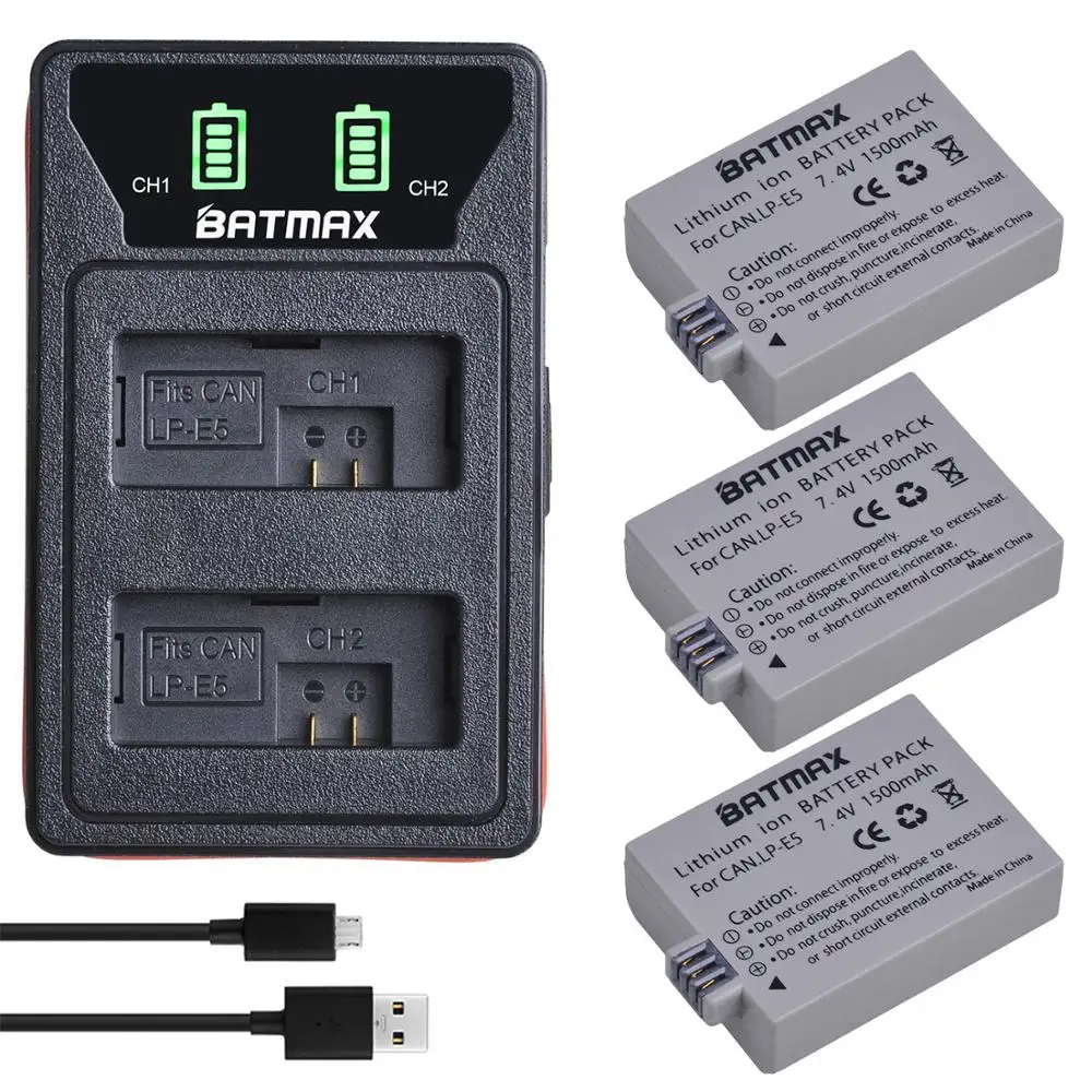 Batmax Lp-E5 Lpe5 Battery + New Led Caricatore Doppio Con Il Tipo C Porta Per Canon 450D 500D 1000D Bacio X2 X3 F Rebel Xsi Xli Xs L15