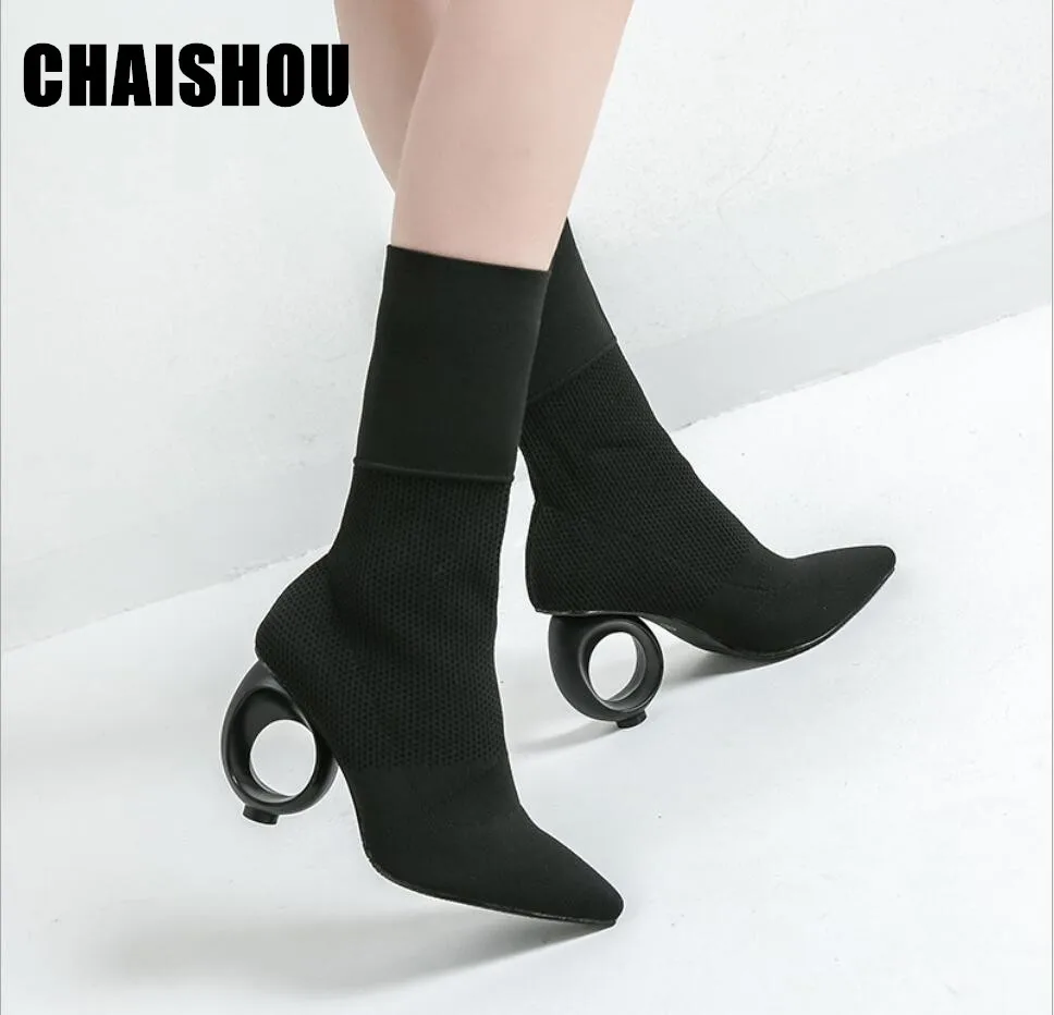 

2019 Autumn Winter New Women Boots Pointed with Knitting High-heeled boots Mid-calf Stretch Hose Boots Botas Mujer D-193