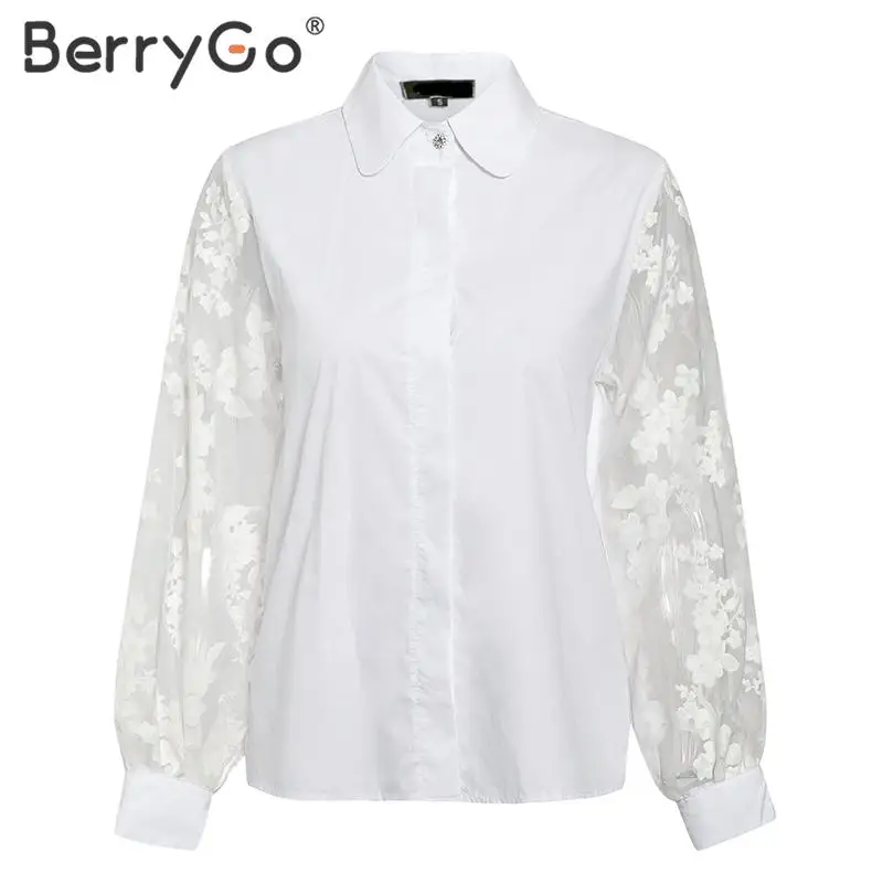 BerryGo элегантная Цветочная сетчатая блузка рубашка женская пышная с длинным рукавом Женский Белый Топ рубашка Весна Лето Повседневные пуговицы женские топы