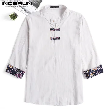 

Men Shirts Stand Collar 3/4 Sleeve Cotton Solid Ethnic Male Shirt Casual Streetwear Chinese Style Tops Camisa INCERUN Plus Size