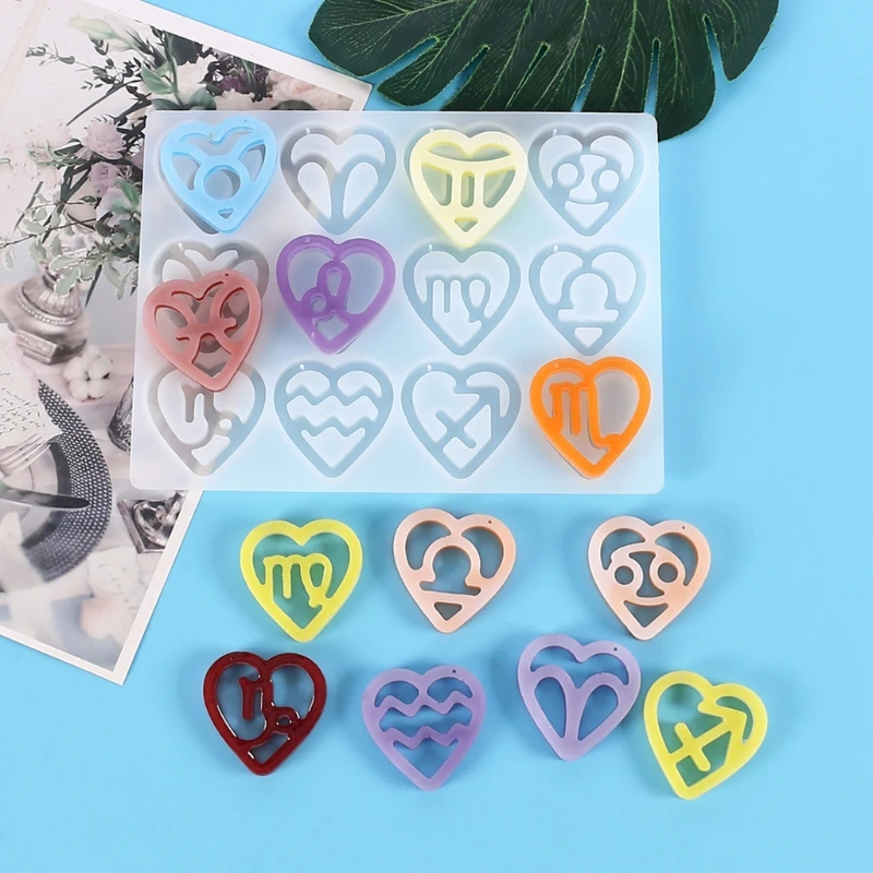 12 Constellation Pendants Crystal Epoxy Resin Mold Love Heart Earrings