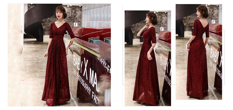 Skyyue вечерние платья с блестками Robe De Soiree K143 Бургундия v-образный вырез А-силуэт формальное платье для выпускного вечера длина до пола элегантные вечерние платья
