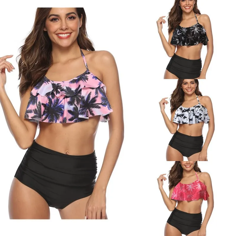 

New Summer Bikini Set Split Two-Piece Swimsuit Double Ruffle Print High Waist Halter Sexy Quick Dry Retro Beach Women's Swimwear