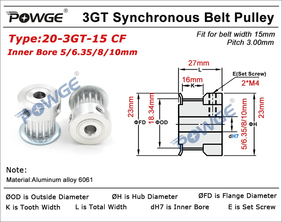 POWGE 20 Зубы 3MGT 3GT синхронный шкив Диаметр 5/6. 35/8/10 мм для Ширина 15 мм 3GT зубчатый ремень GT3 шкив зубчатых колес 20 T 20 Зубы