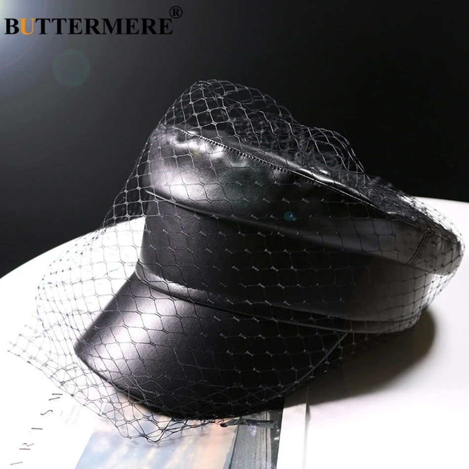 BUTTERMERE кожаная женская кепка в стиле милитари, Черная кепка, кепка с вуалью, элегантная однотонная Кепка в стиле плюща, женские осенние повседневные матросские кепки