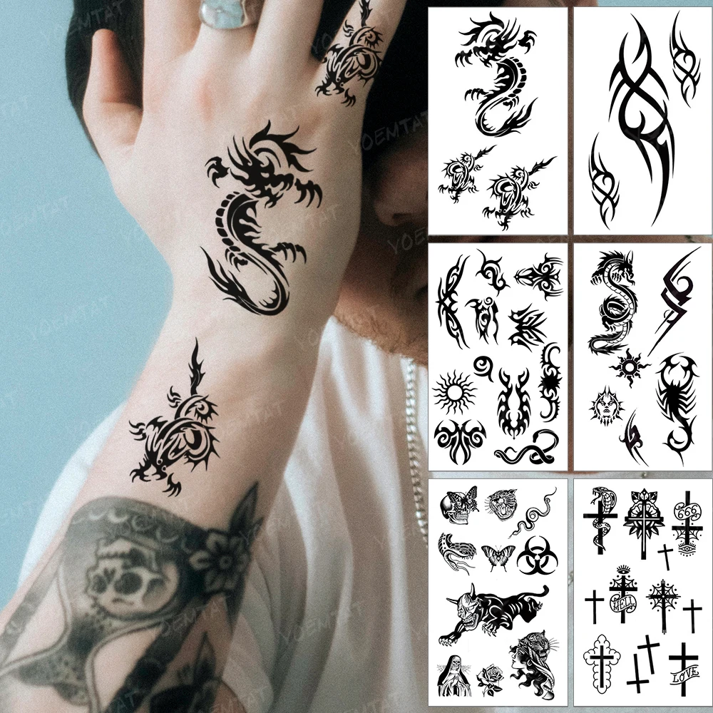 Waterproof Temporary Tattoo Sticker Dragon Geometric Linear Black Tatoo Waist Finger Small Fake Tatto Woman Man Child Tattoos | Красота и