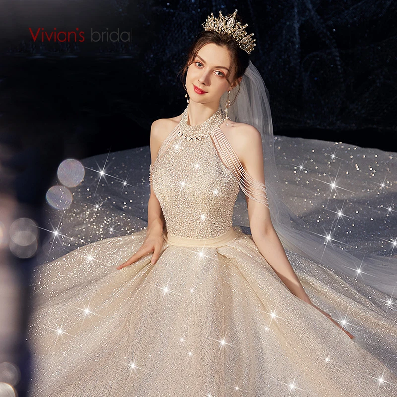 Роскошное блестящее свадебное платье Vivian's для невесты, звездное небо, сексуальное свадебное платье с открытой спиной, бисером, кисточками, блестками, Свадебное бальное платье принцессы