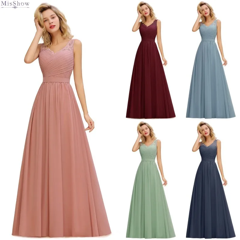 

Long Dusty Pink Chiffon Bridesmaid Dresses 2020 Wedding Party Guest Gown Burgundy Mint Green robe demoiselle d'honneur