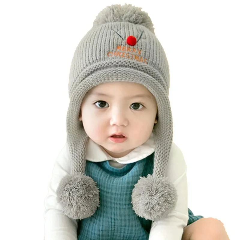 grey MS Ragdoll с рождеством, милая детская зимняя шапка, теплая Младенческая шапочка, шапка для детей, детская вязаная крючком шапка с мячом - Цвет: grey